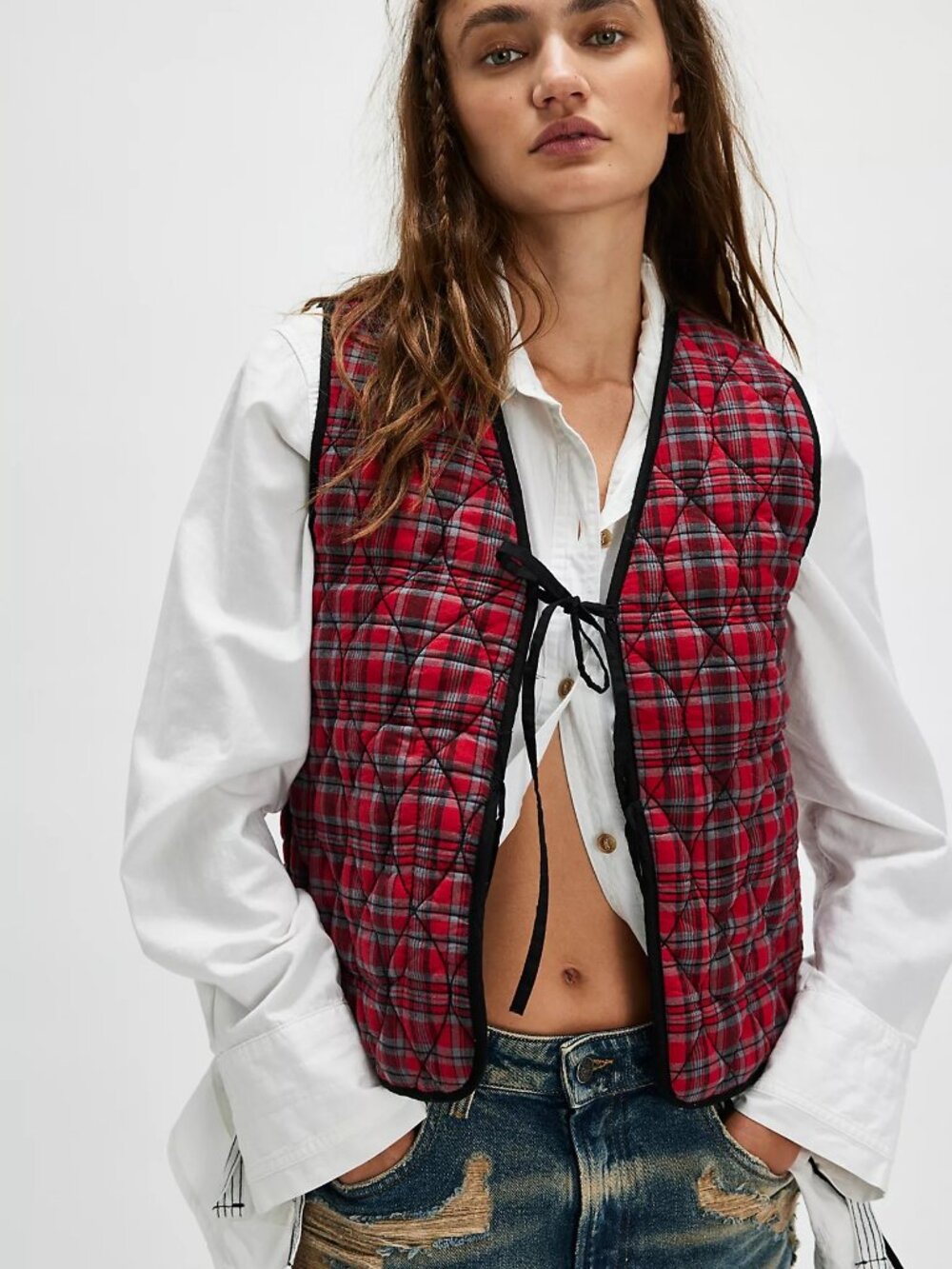 Free People x Damson Madder Arte Gilet in Black Gingham NEW